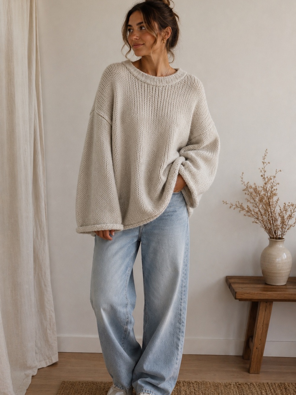 Oak + Fort Chunky Knit Sweater Oatmeal Oversized Minimalist M Oversized